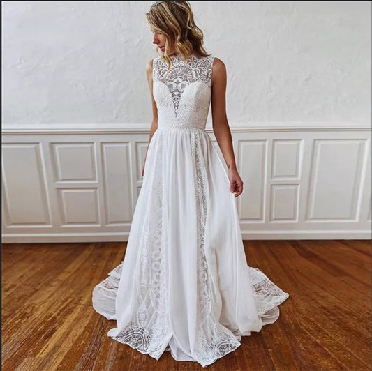 Organza Puff Sleeve Simple Boho Style Bridal Wedding Gown