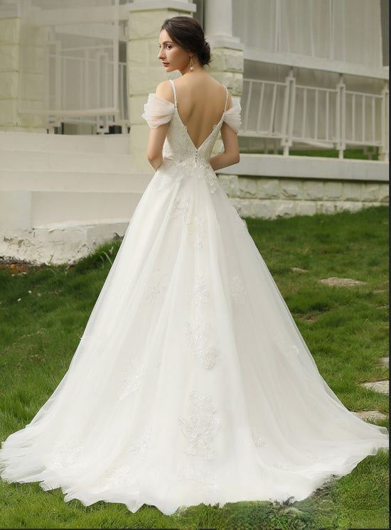 A-line Off-the-Shoulder Regular Straps Asymmetrical Wedding Dress With  Appliqued Ruffles