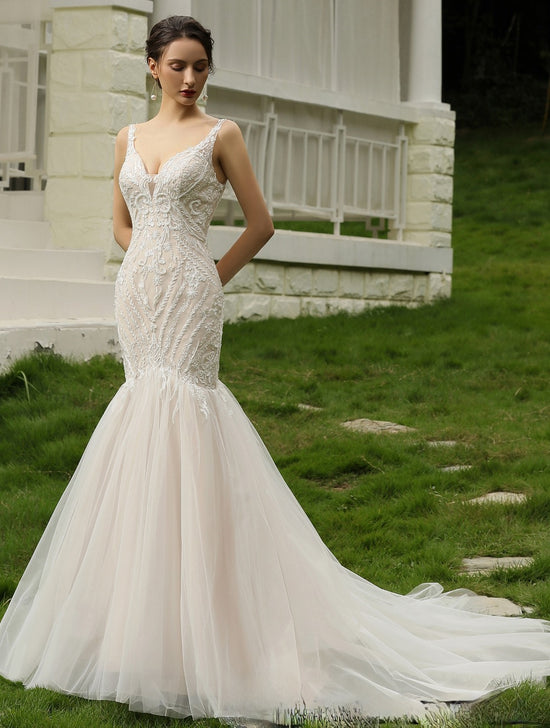 Lace, fit & flare bridal gown with beaded neckline & straps, Size 12 –  KasiasBridalOutlet