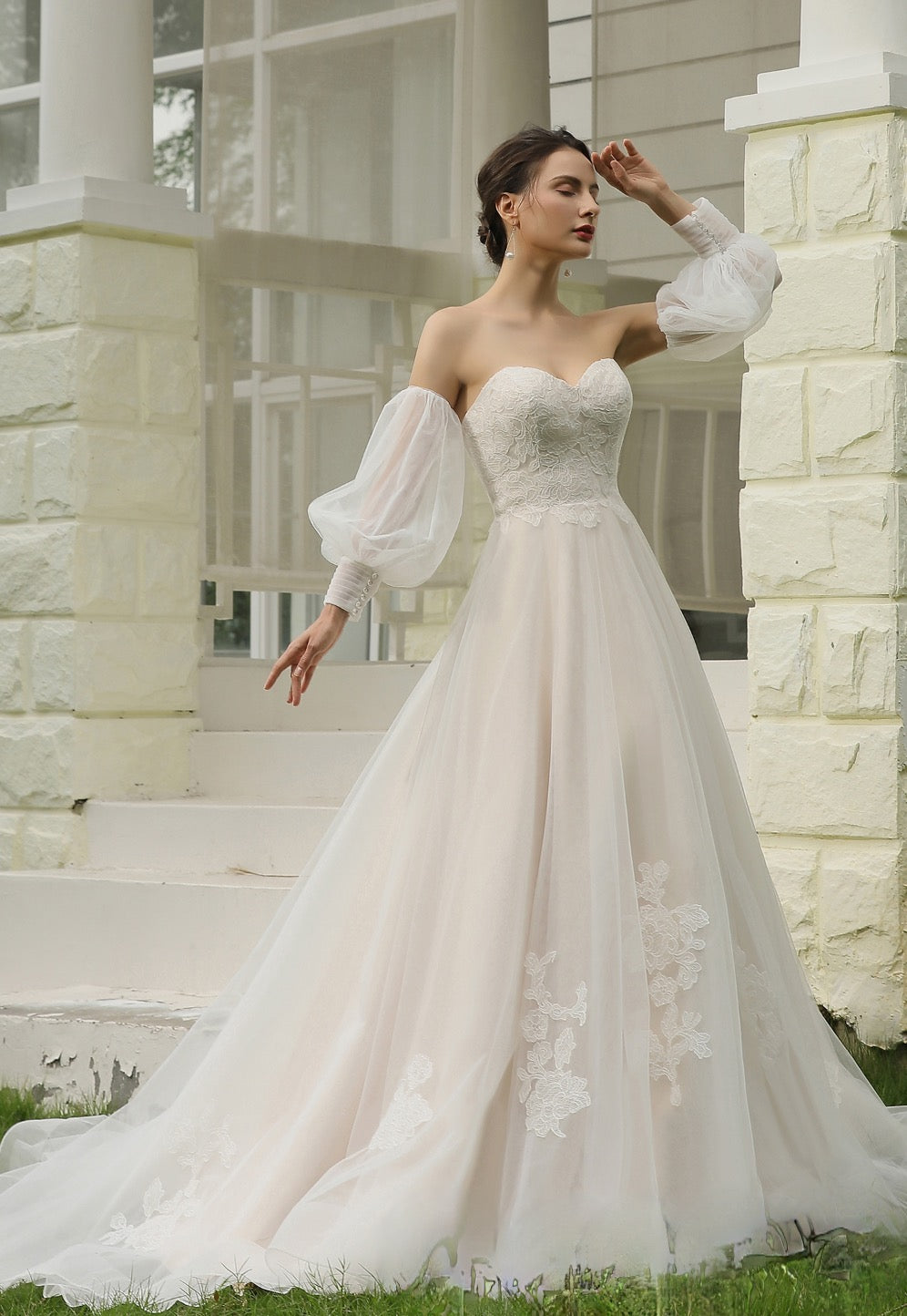 Classic A-Line Strapless Bridal Gown With Detachable Bishop Sleeves ...