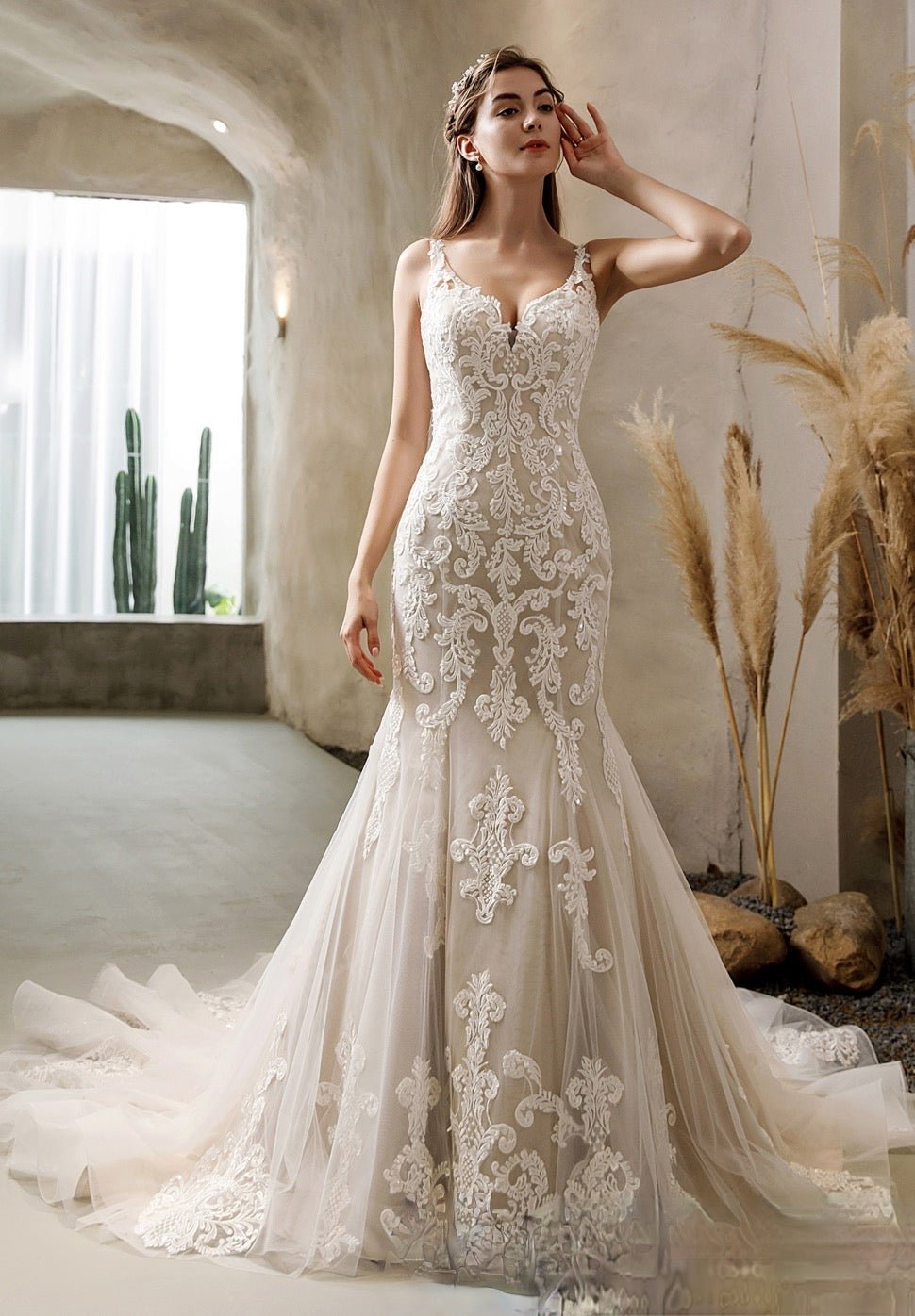 Vintage Lace Fit and Flare Wedding Dress With Court Train – TulleLux Bridal Accessories