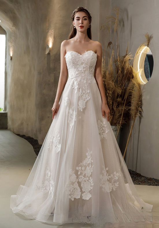 F221010 Romantic Lace Appliqué Strapless Wedding Gown with Sparkly Sequin  Under-Layer