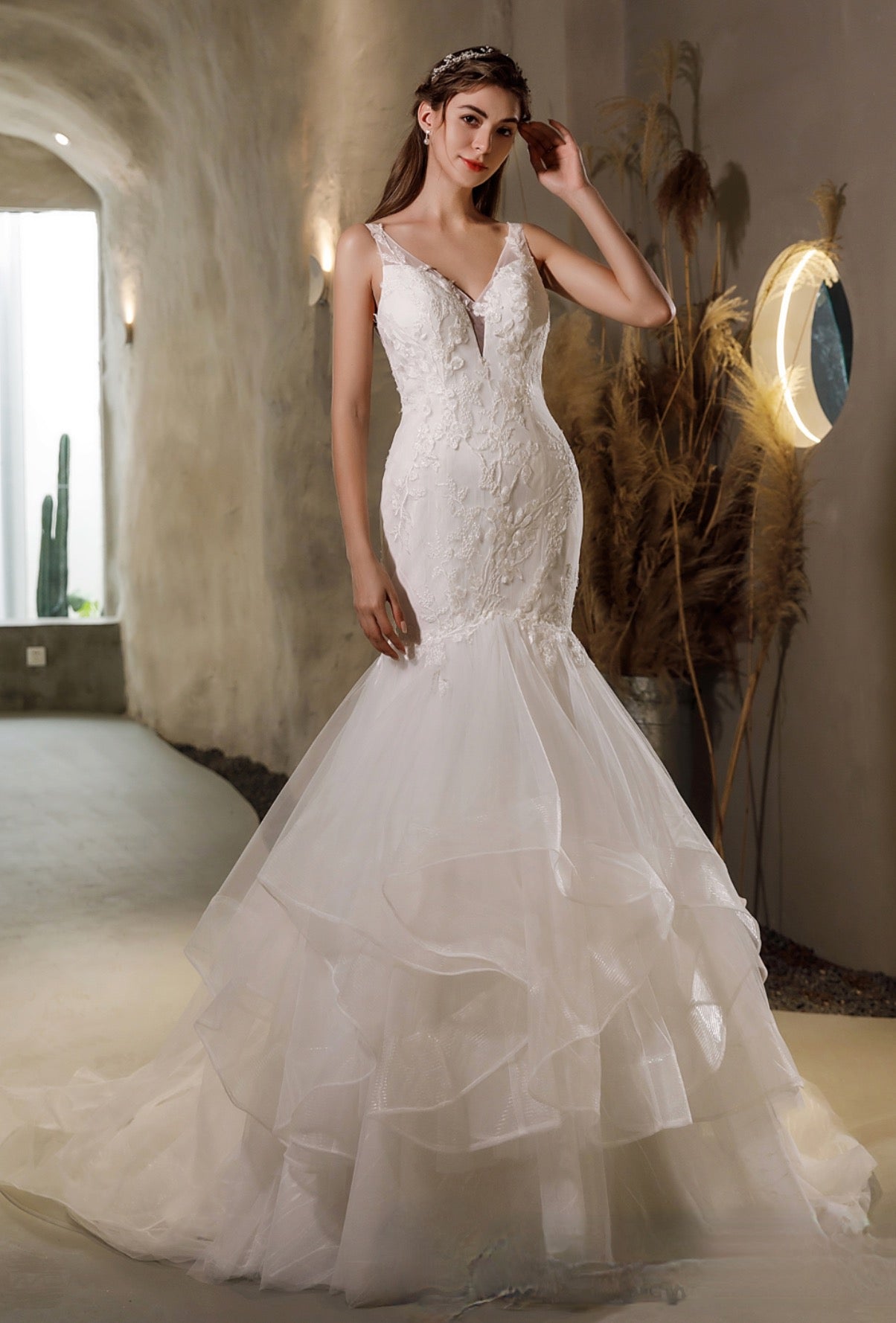 Romantic V-Neck Mermaid Gown With Leaf Pattern – TulleLux Bridal Crowns &  Accessories