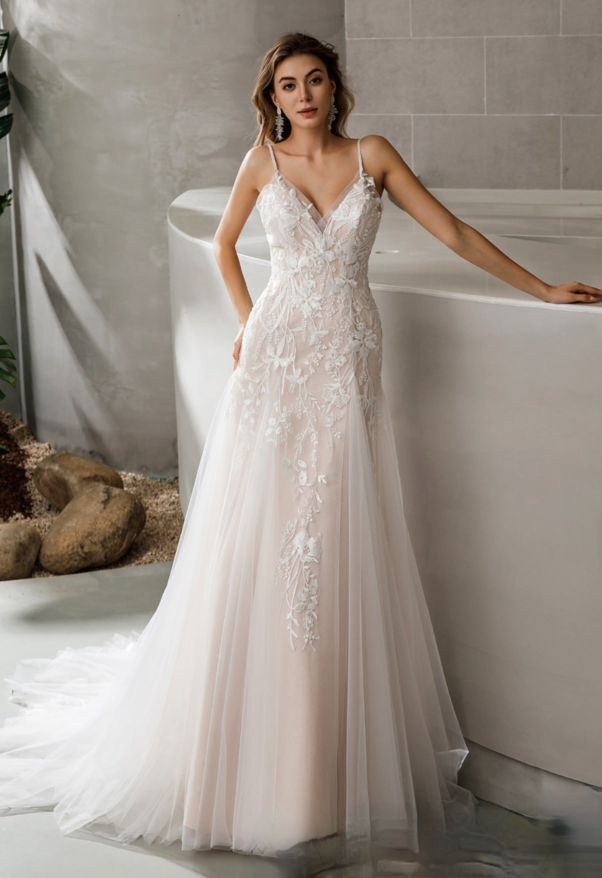 Geometric Lace Fit and Flare Bridal Gown With Sheer Train
