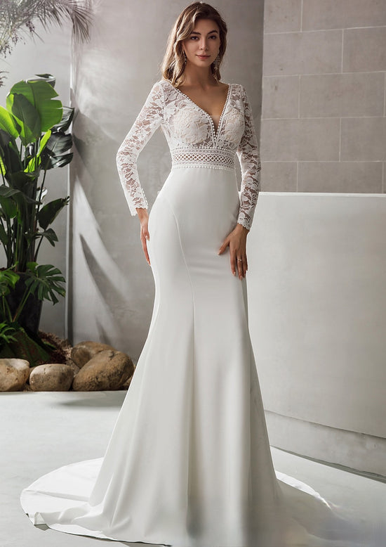 Long Sleeve Plunging V-Neck Crepe Wedding Dress – TulleLux Bridal