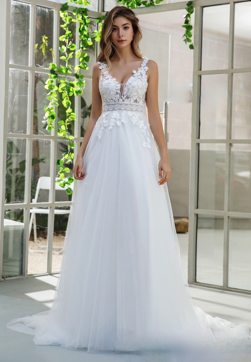 Floral Lace Plunging V-Neck Bridal Gown with Flutter Sleeves – TulleLux  Bridal Crowns & Accessories