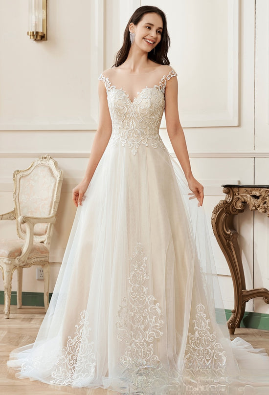 Romantic V-Neck A-Line Bridal Gown with Floral Applique 2 / Ivory