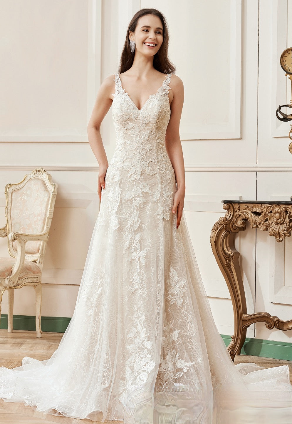 Illusion Plunging V-neckline Lace Straps Bridal Gown - Xdressy