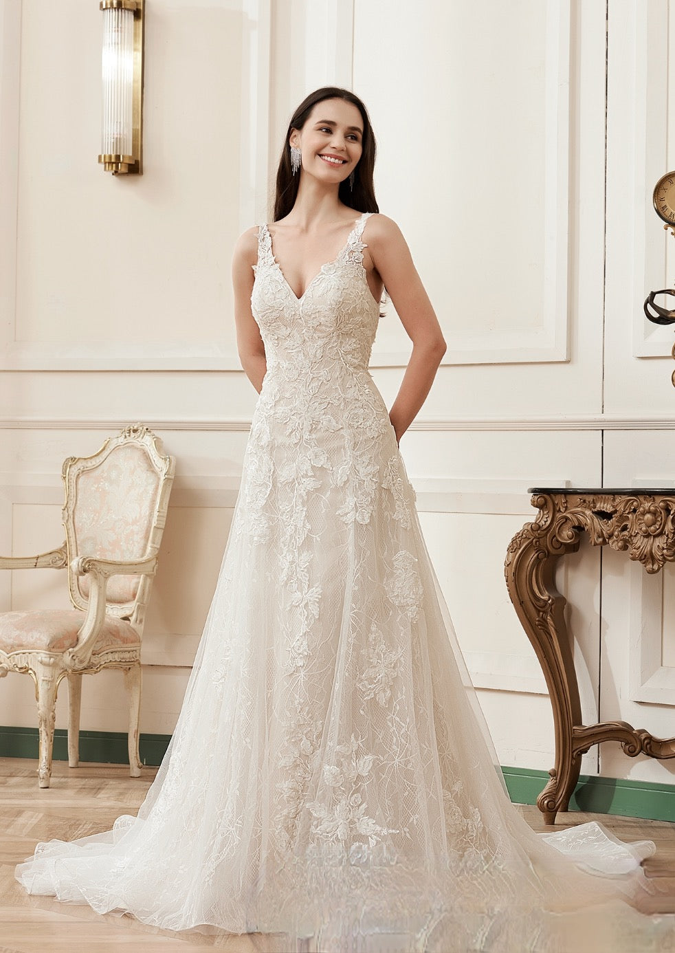 Illusion Sequined Lace & Tulle A-line Winter Wedding Dress - VQ