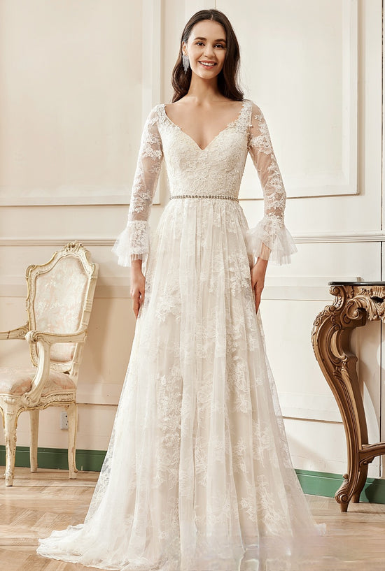 Floral Lace Plunging V-Neck Bridal Gown with Flutter Sleeves – TulleLux  Bridal Crowns & Accessories