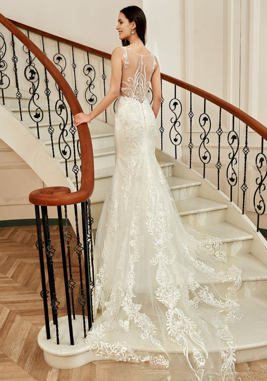 Geometric Lace Fit and Flare Bridal Gown With Sheer Train