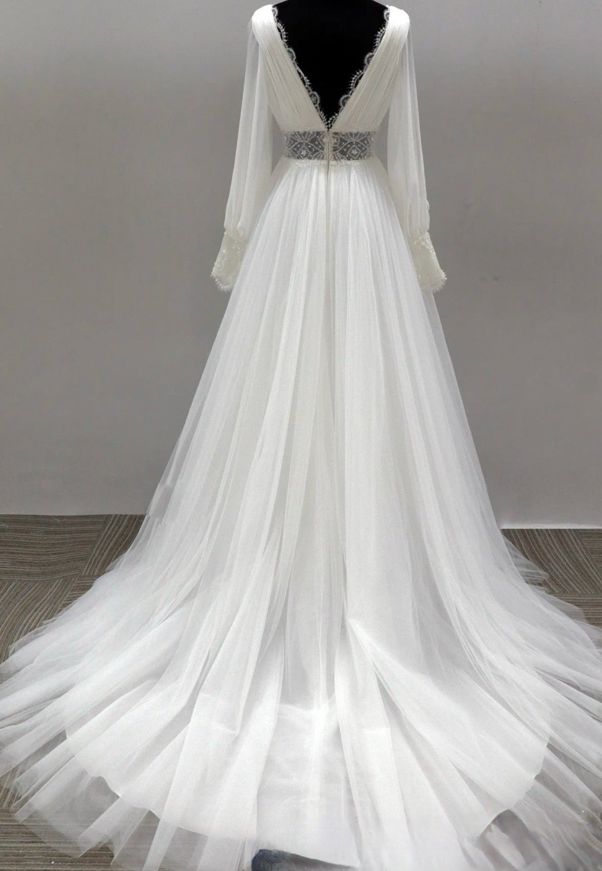 Plunging V-Neck Long Sleeves Tulle Wedding Gown – TulleLux Bridal ...
