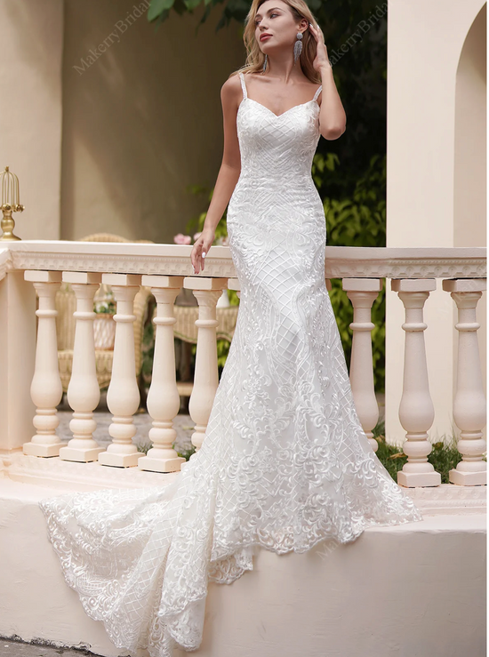 Glamorous Lace Fit-and-Flare Wedding Gown With Plunging Neckline – TulleLux  Bridal Crowns & Accessories