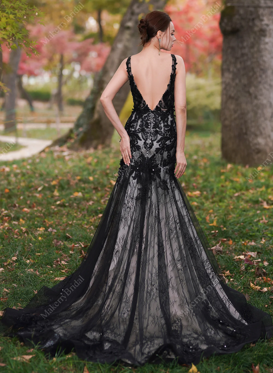Black Over Nude Beaded Appliques Wedding Dress – TulleLux Bridal