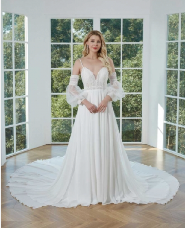 Long Cape Sleeve Chiffon Lace A Line Wedding Sweep Train Bridal