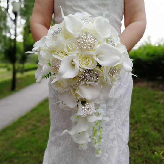 Ribbon Flower & Pearls Beaded Bridal Bouquet Bridesmaid Wedding Bouquets  Multiple Colors