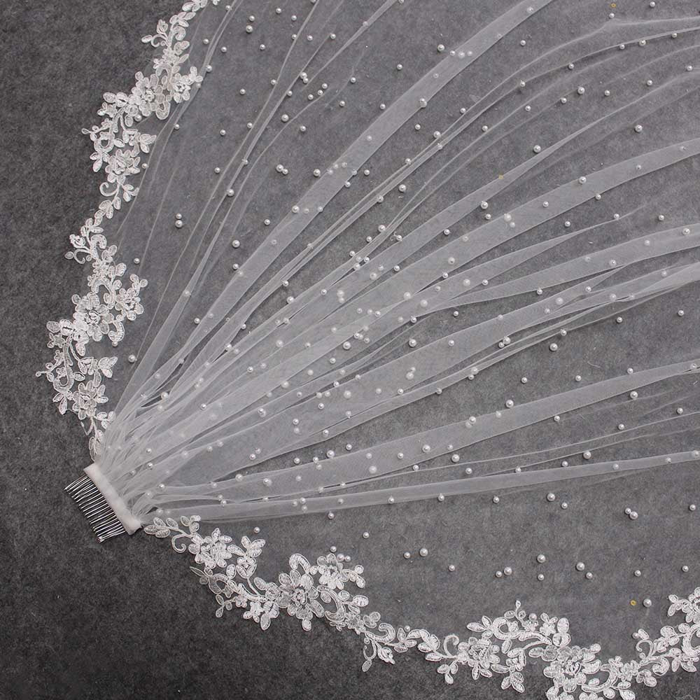 Wholesale Long Mesh Tulle Plastic Pearl Beaded Bridal Veils