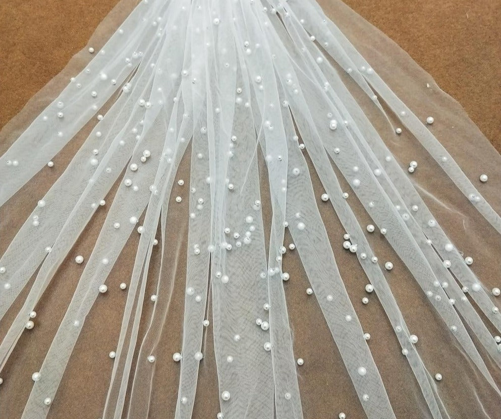 Pearled Wedding Veil 1 Layer Royal Cathedral Bridal Veil- Camille | Eden Luxe Bridal