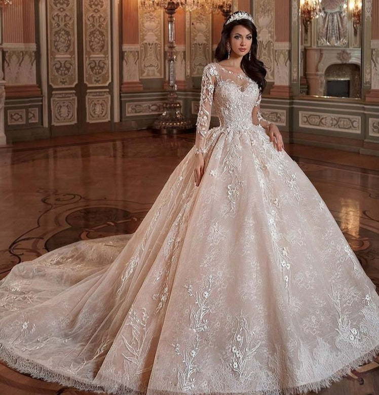 A-line Bridal Gown With Long Traine, Romantic Wedding Dress With
