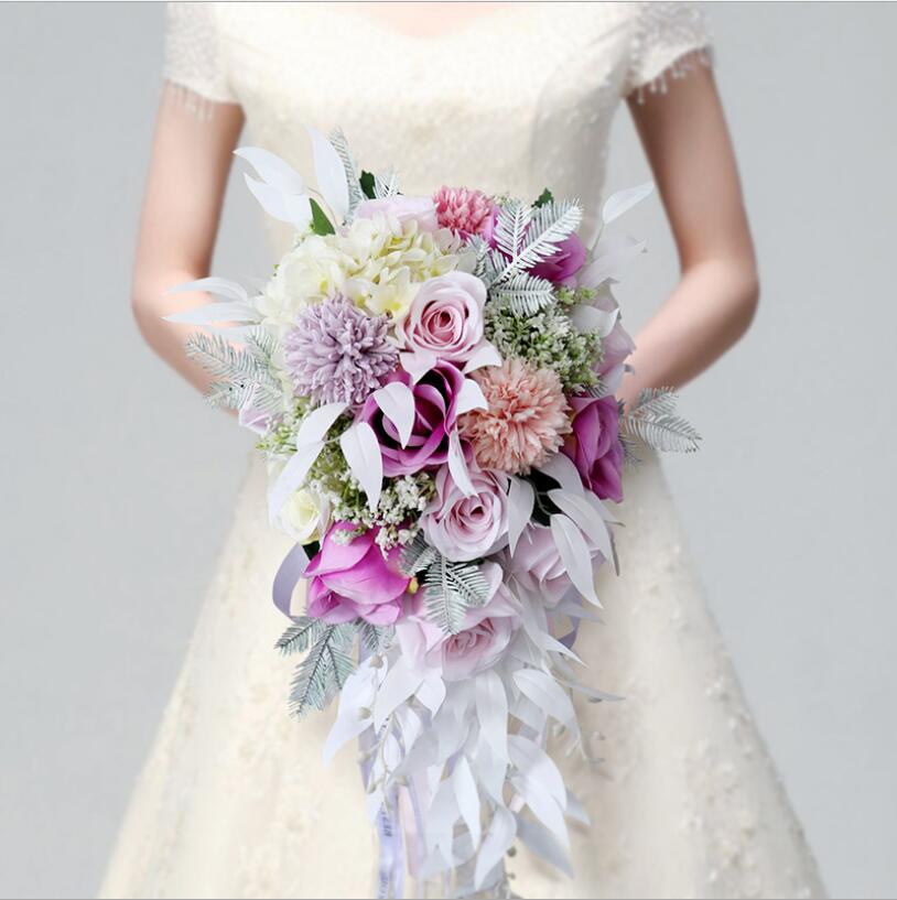 xllLU Wedding Waterfall Bridal Bouquet Water Drop Style Artificial Ivory  White Gradient Purple Callalily Ribbon Holding Flower Wedding Bouquet Photo  Charms Rose Gold