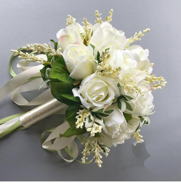 Ribbon Flower & Pearls Beaded Bridal Bouquet Bridesmaid Wedding