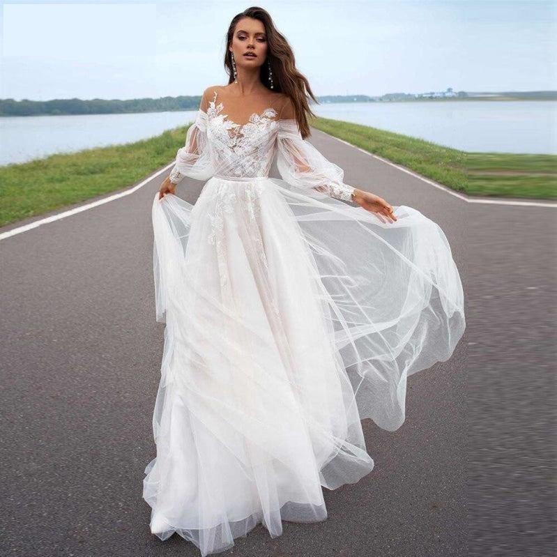 Bohemian Floral Lace A Line Wedding Dress With Off Shoulder Long Sleeves,  Ivory Tulle, Corset Top, And Court Train 2022 Beach Country Bridal Gown  From Chicweddings, $169.29