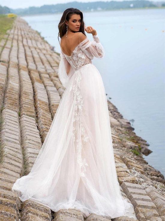 Lace Bohemian Wedding Dress Pants Suit with Detachable Tulle Train