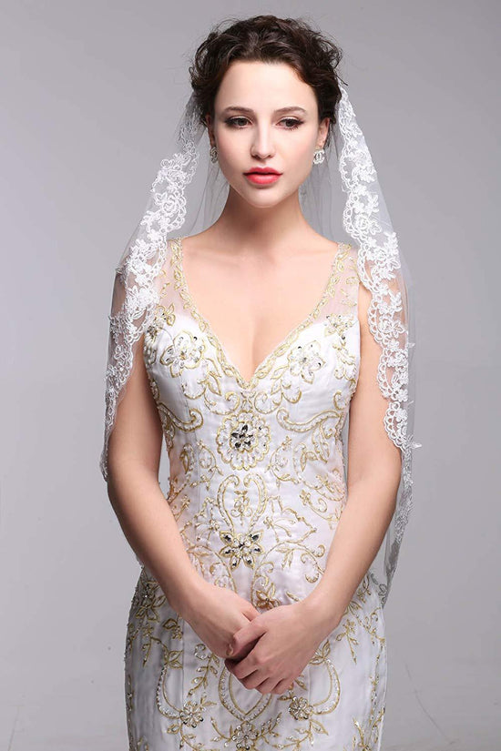 Tulip Bridal Ivory Short Elbow Alencon Lace Wedding Veil V050