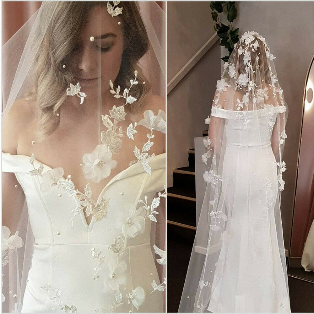 Top Queen V20 Luxury Floral Bridal Veil with Pearls Bridal Cathedral Train Wedding Veil White / 400cm/157 inch