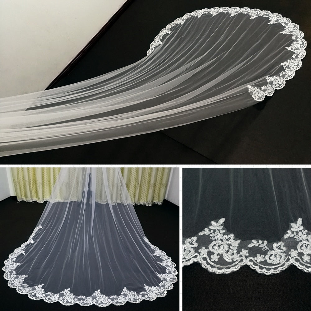 YouLaPan Cathedral Length Thin Scallop Lace Trim Single Tier Edge Wedding Veil Mantilla White / 300cm 118 inch