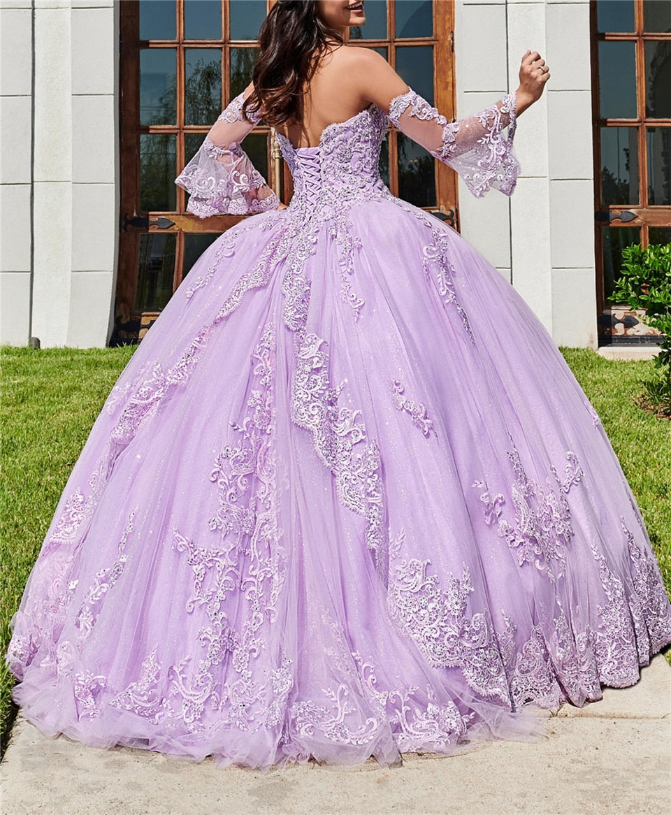 Tulle Lavender Off The Shoulder Quinceañera Sweeet 16 Ball Gown