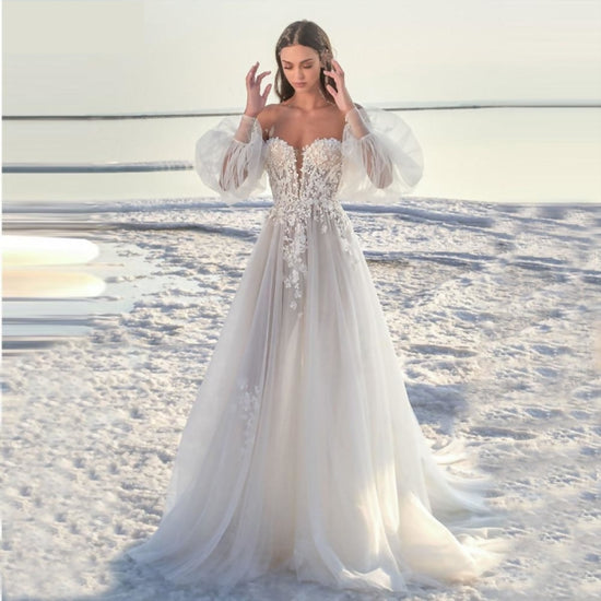 Tulle & Lace Off the Shoulder Appliques Princess Wedding Gown