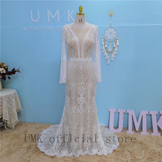 Crochet Lace Mermaid Wedding Dress Vintage Sexy Backless Bridal Gown