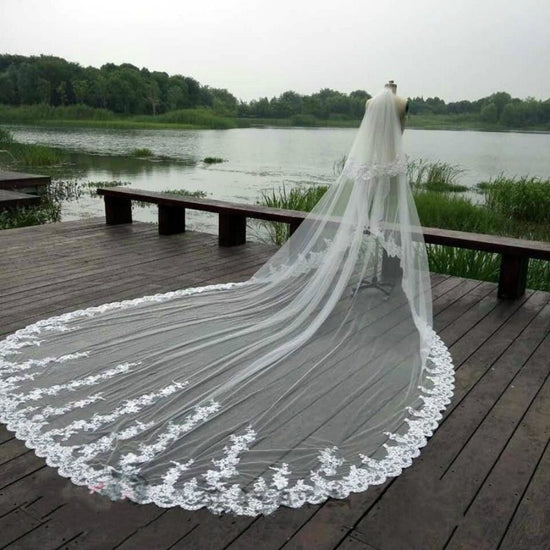 Ivory Wedding Veils One-Tier Tulle Finished Edge Waterfall Long Bridal Veil  - Milanoo.com