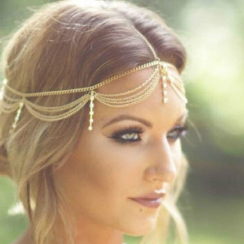 Simple Tassel Pearl Water Drop Gold Bijoux Bridal Crystal Head Chain –  TulleLux Bridal Crowns & Accessories