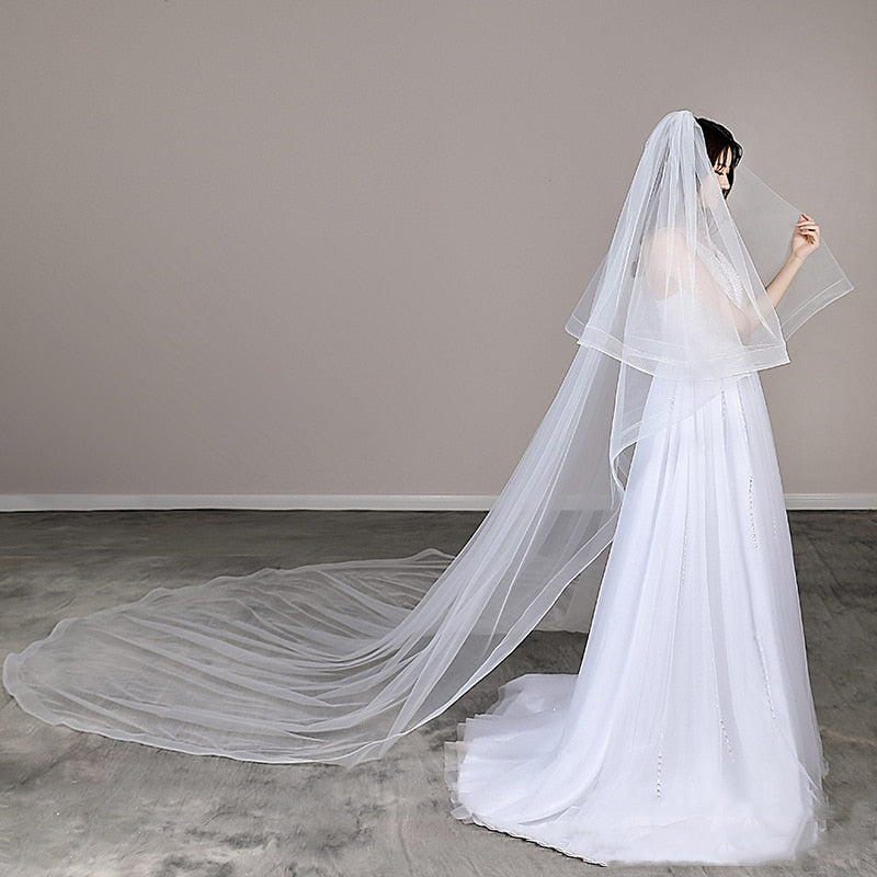 Meihuida Layers Wedding Bridal Veil Lace White/Ivory Cathedral Length Birdcag Edge Bride