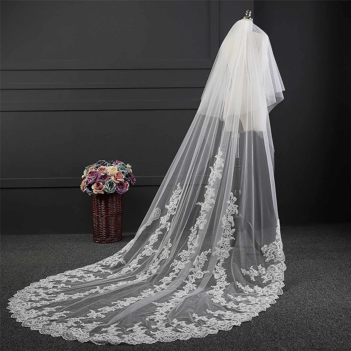 One Blushing Bride Thin Scalloped Lace Chapel or Cathedral Wedding Veil Blush / Chapel 90 Inches / Without Beading