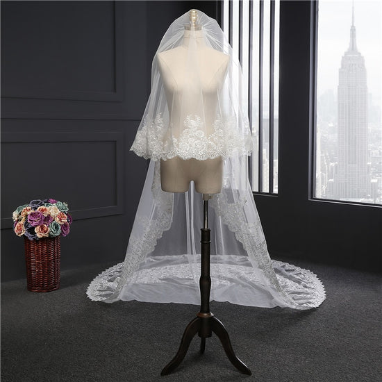 FantasyBride Store White Ivory 1 Layer Lace Cathedral Wedding Bridal Veil Ivory / 350cm/137 inch