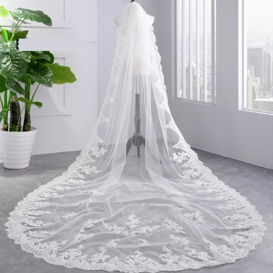 FantasyBride Store White Ivory 1 Layer Lace Cathedral Wedding Bridal Veil Ivory / 350cm/137 inch