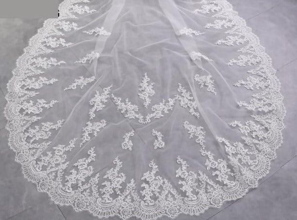 FantasyBride Store White Ivory 1 Layer Lace Cathedral Wedding Bridal Veil Ivory / 350cm/137 inch