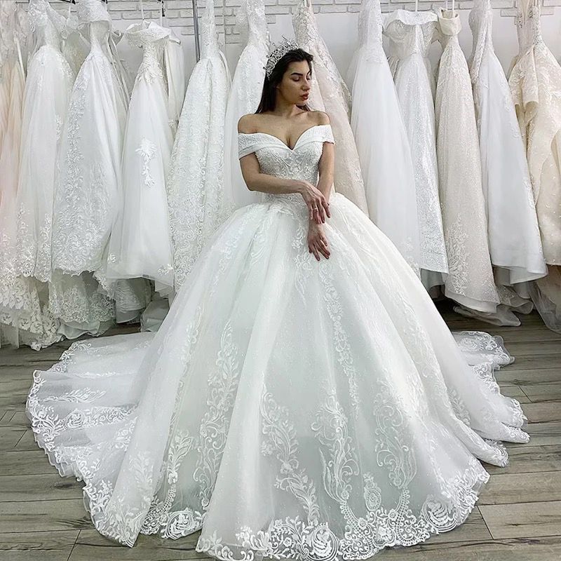 Off Shoulder Lace Tulle Princess A Line Court Train Wedding Bridal Bal