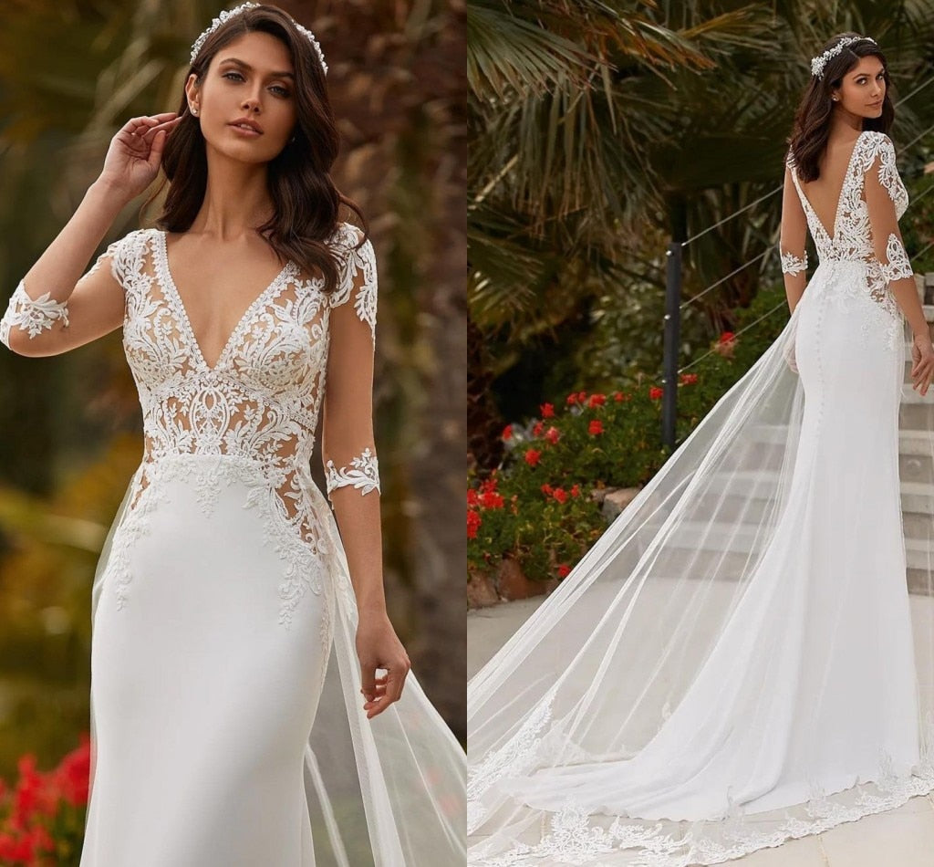 Boho Vintage Wedding Dress With Puff Sleeves, Big Bow Back, And Sexy V Neck  In Soft Satin A Line Country Style Wedding Gowns With Sleeves For 2021  Vestidos Verano Robe De Mariee