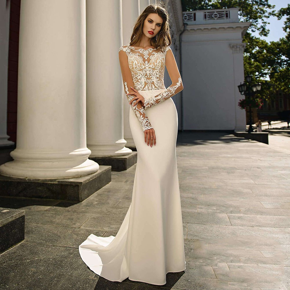 High Neck Satin Long Sleeve Lace Mermaid Trumpet Wedding Bridal Gown –  TulleLux Bridal Crowns & Accessories