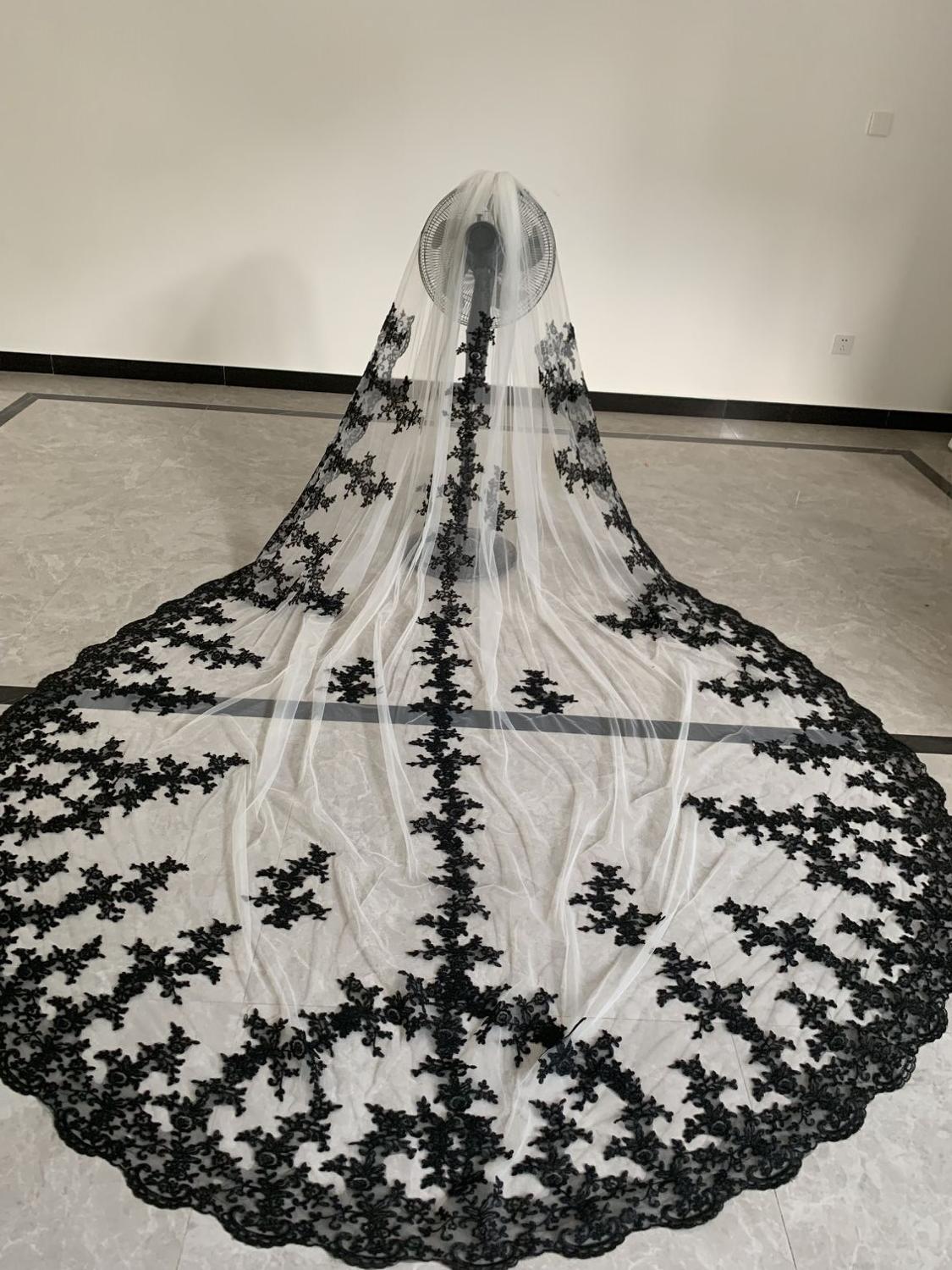 Floral Lace Edged Cathedral Veil Black Bridal Veil Wedding Veil ACC1181