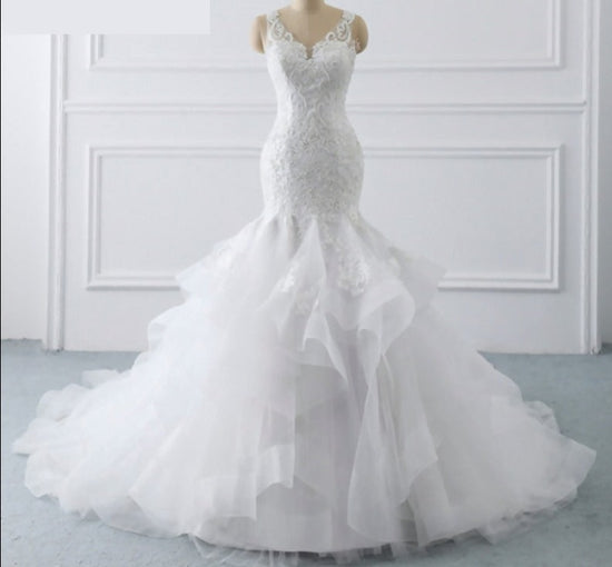 Tulle Lace Cap Sleeve Mermaid Wedding Bridal Dress Detachable