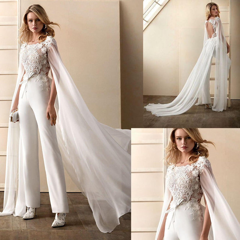 A Line Bridal Jumpsuit Wedding Dress with Detachable Train Lace