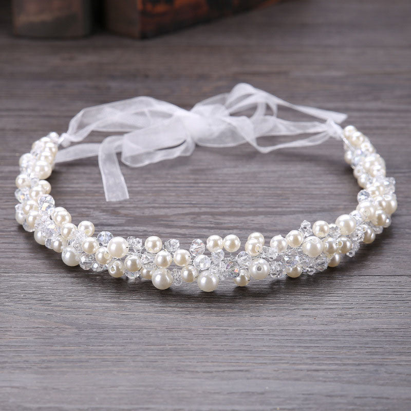 Wedding Headwear Set Pearl Crystal Ribbon Headband and One Tier Soft Sheer  Plain Bridal Veil TSDZ037