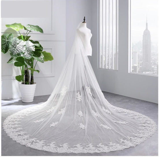 YAOLAN Ivory Wedding Bridal Veils Flower Appliques Lace Edge Cathedral Veil  118X79 Wedding Accessories 