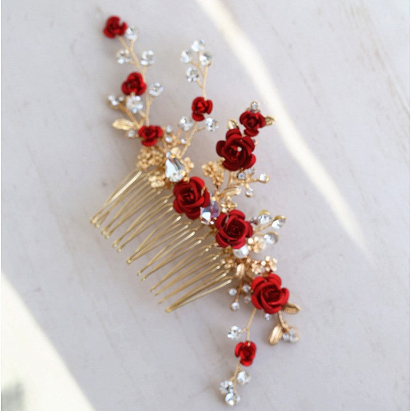 Red Rose Floral Headpiece Rhinestone Bridal Hair Comb Accessories