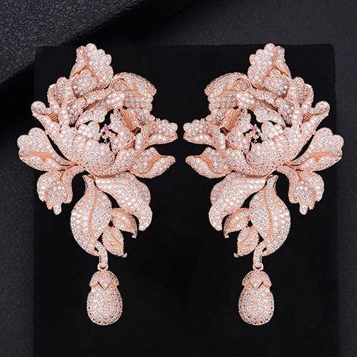 Luxury Peony Flower Blossom Cubic Zirconia Long Drop Wedding Bridal Earrings - TulleLux Bridal Crowns &  Accessories 